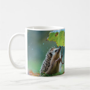 Cute hedgehog holding a leaf umbrella coffee mug