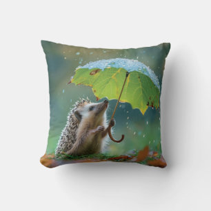 Cute hedgehog holding a leaf umbrella cushion