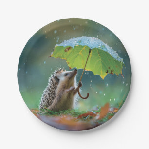 Cute hedgehog holding a leaf umbrella paper plate