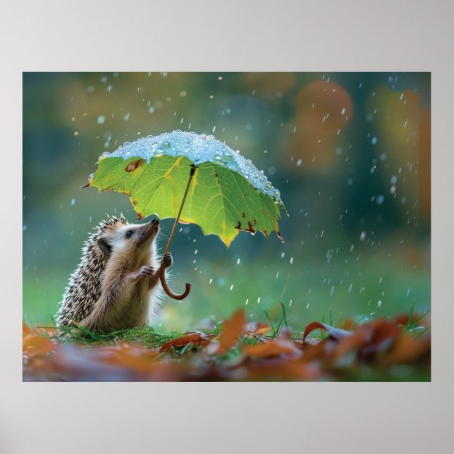 Cute hedgehog holding a leaf umbrella poster (Front)