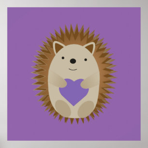 Cute Hedgehog Holding a Purple Heart Heart Poster