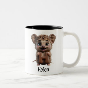 Cute Hedgehog Holding Letter H Two-Tone Coffee Mug