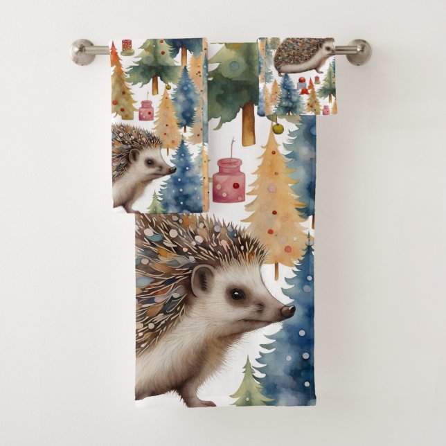 Cute Hedgehog Holiday Trees  Bath Towel Set (Insitu)