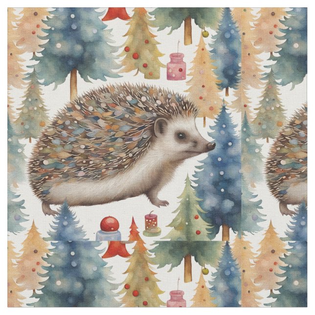 Cute Hedgehog Holiday Trees  Fabric (Close Up)