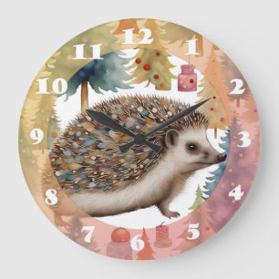 Cute Hedgehog Holiday Trees Large Clock