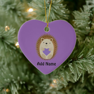 Cute Hedgehog Holidng a Purple Heart Ceramic Ornament