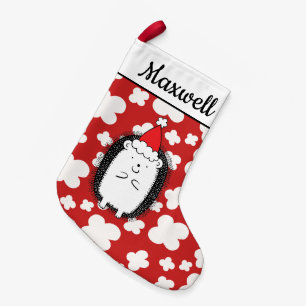 Cute Hedgehog Illustration on Red White Pattern Small Christmas Stocking