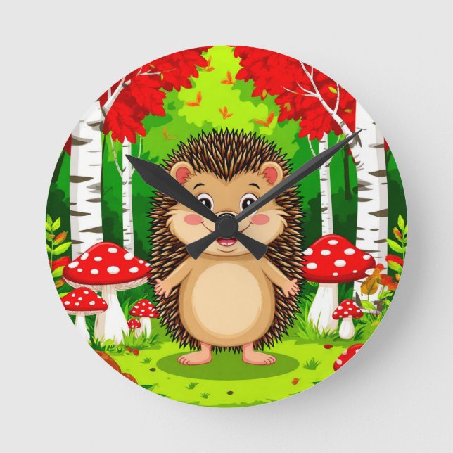 Cute Hedgehog in a Bright Forest Round Clock (Front)