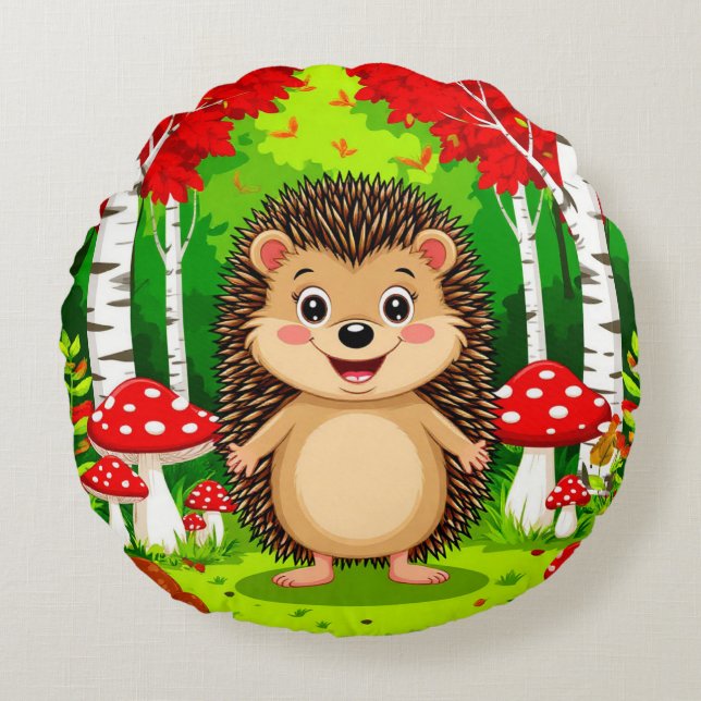 Cute Hedgehog in a Bright Forest Round Cushion (Front)