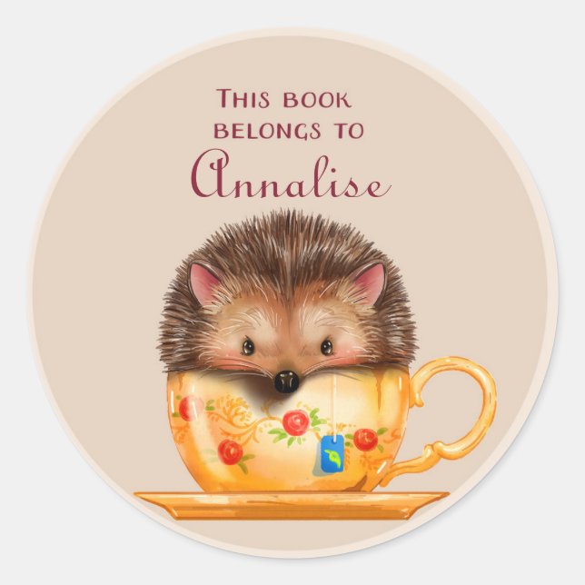 Cute hedgehog in a Mug Book Name Plate Classic Round Sticker (Front)