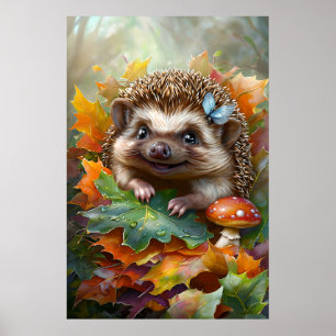 Cute Hedgehog in Autumn Leaves – Woodland Art Poster