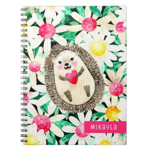 Cute Hedgehog in Flowers Pink Yellow Personalised Notebook