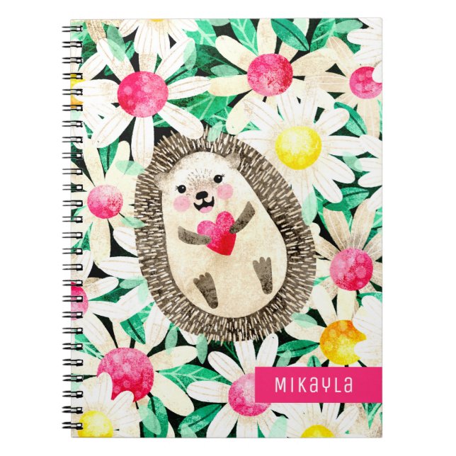 Cute Hedgehog in Flowers Pink Yellow Personalised Notebook (Front)