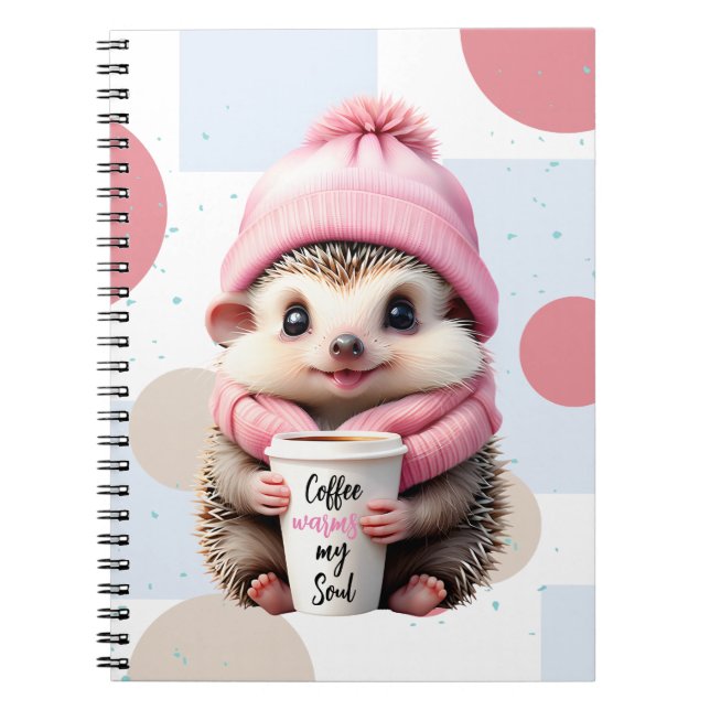 Cute Hedgehog in Pink Hat and Scarf Loves Coffee Notebook (Front)