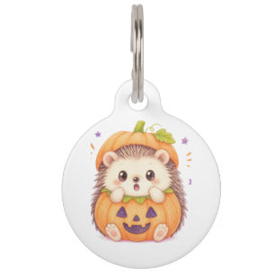 Cute Hedgehog in Pumpkin Costume Halloween Illustr Pet Tag