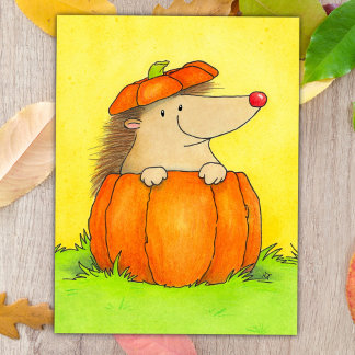 Cute Hedgehog in Pumpkin Fall Postcard