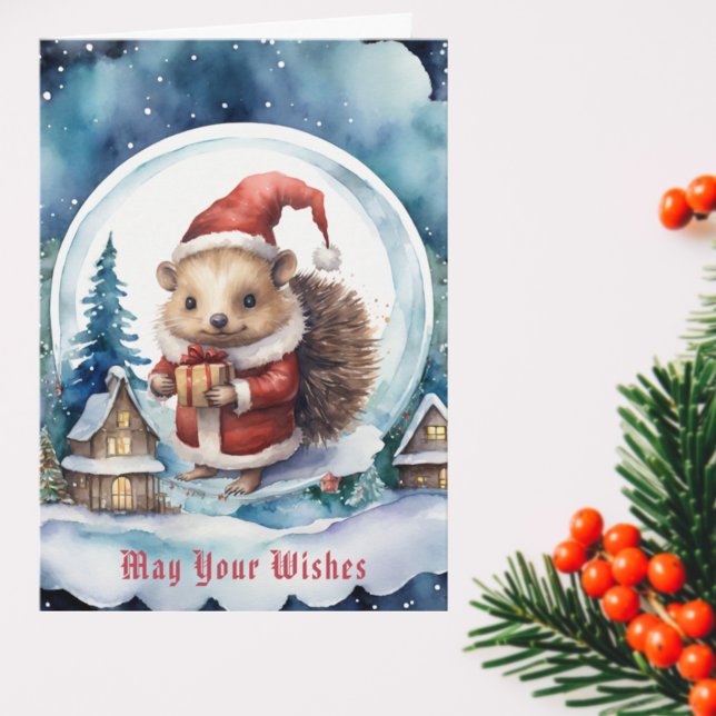 Cute Hedgehog in Santas Hat Snowglobe Christmas Card (Creator Uploaded)