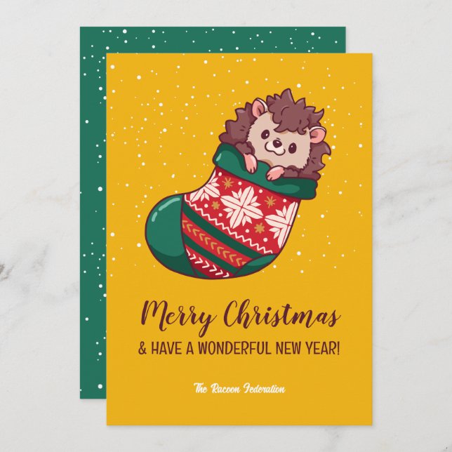 Cute Hedgehog in Stockings Merry Christmas Holiday Card (Front/Back)
