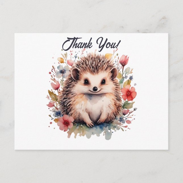 Cute Hedgehog in watercolor flowers Thank You Postcard (Front)