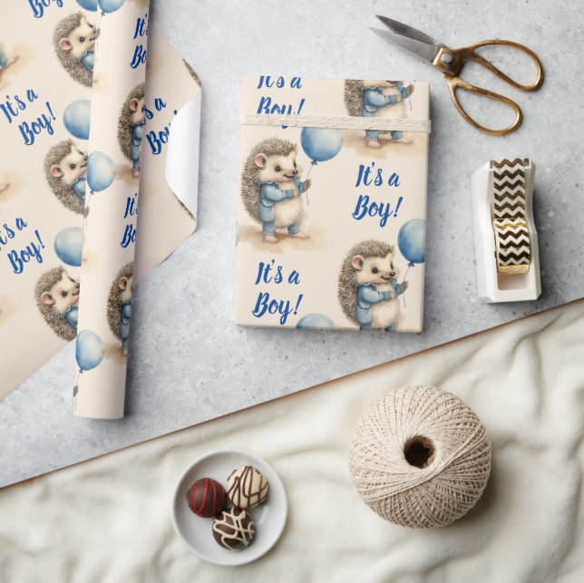 Cute Hedgehog Its a Boy Baby Shower Wrapping Paper (Crafts)