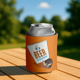 Cute Hedgehog It's Beer O'Clock Funny Cartoon Can Cooler