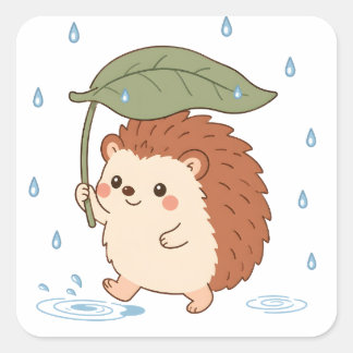 Cute Hedgehog Leaf Umbrella Rainy Day Sticker