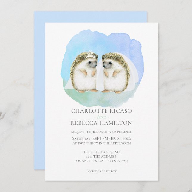 Cute Hedgehog Lesbian Gay Couple Wedding Invitation (Front/Back)