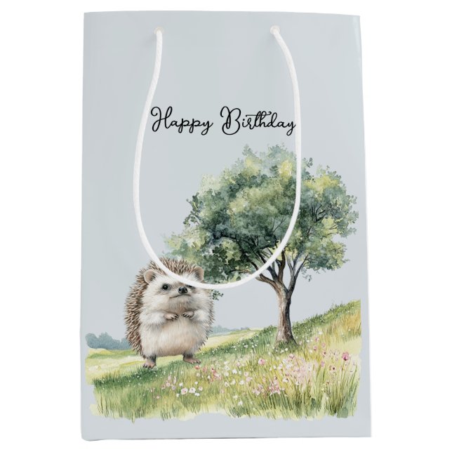 Cute Hedgehog Meadow with Tree Birthday Medium Gift Bag (Front)