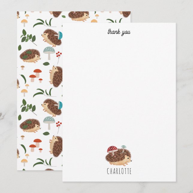Cute Hedgehog Mushroom Woodland Forest Animal Kids Thank You Card (Front/Back)