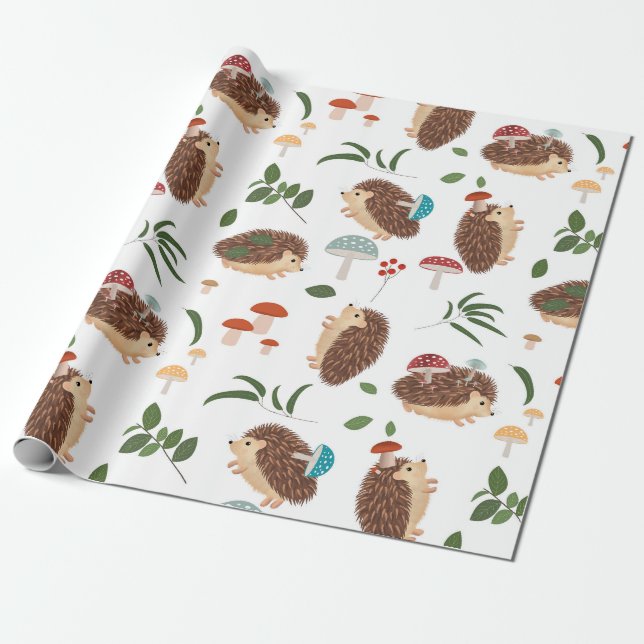 Cute Hedgehog Mushrooms Woodland Forest Animal Wrapping Paper (Unrolled)