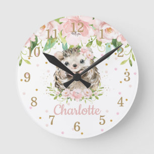 Cute Hedgehog Pink Blush Floral Girl Bedroom Decor Round Clock