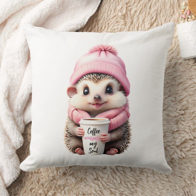 Cute Hedgehog Pink Hat Scarf Coffee Warms my Soul  Cushion (Blanket)