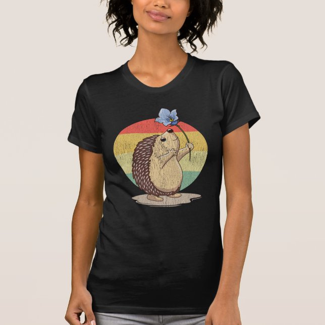 Cute Hedgehog Retro Flower Sunset Autumn Animal T-Shirt (Front)