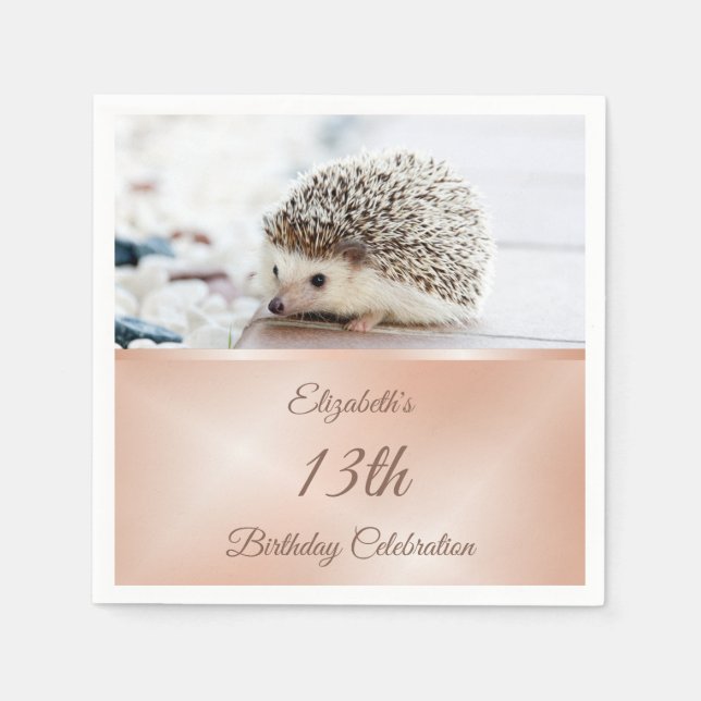 Cute Hedgehog Rose Gold | Custom Birthday Napkin (Front)