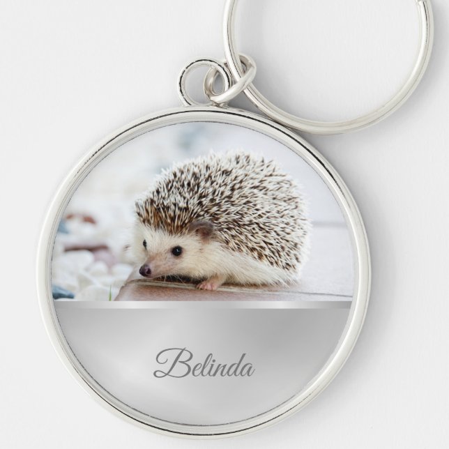 Cute Hedgehog Silver Foil Monogram Key Ring (Front)