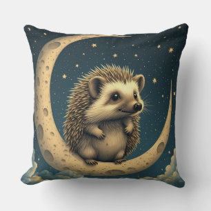 Cute Hedgehog Sitting on Crescent Moon Cushion