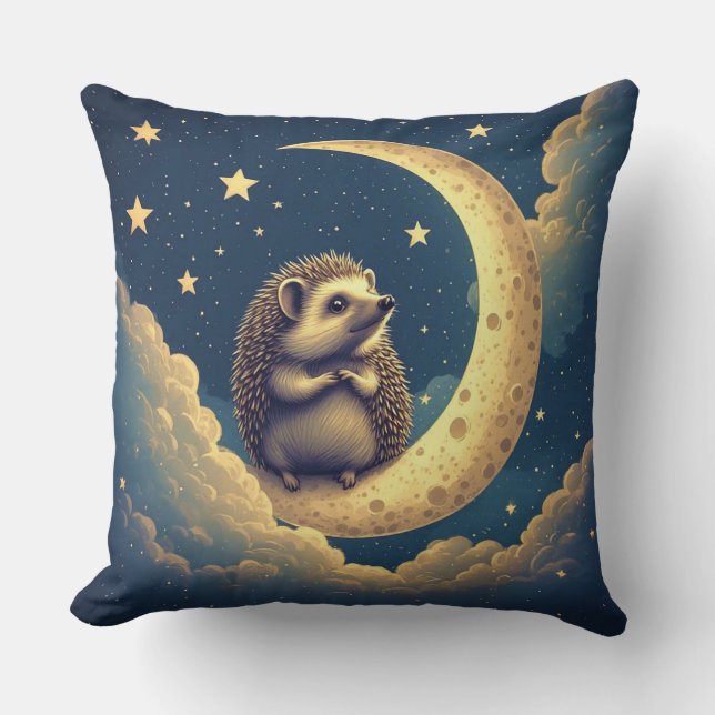 Cute Hedgehog Sitting on Crescent Moon Cushion (Front)
