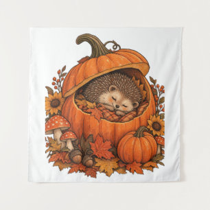 Cute Hedgehog Sleeping Pumpkin Cosy Fall Autumn Tapestry
