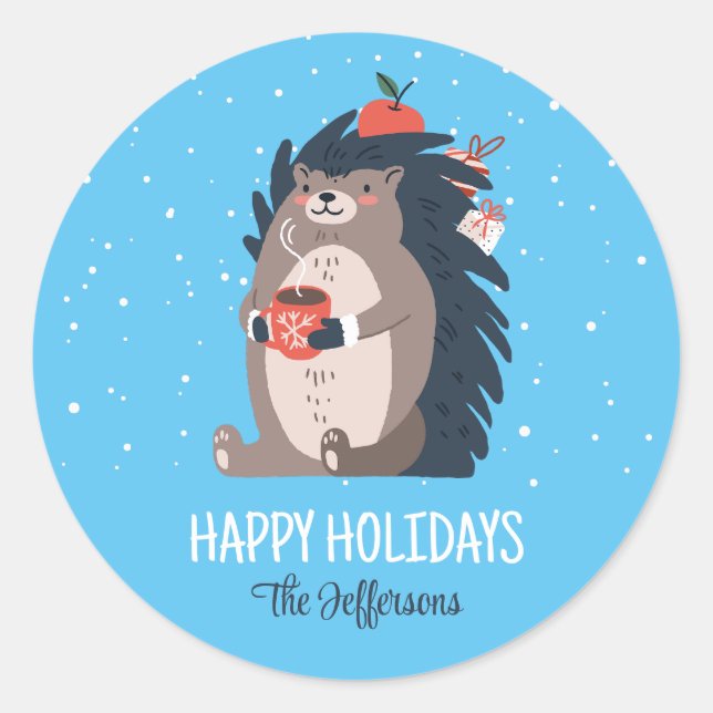 Cute Hedgehog Snow Winter Holiday Christmas Animal Classic Round Sticker (Front)