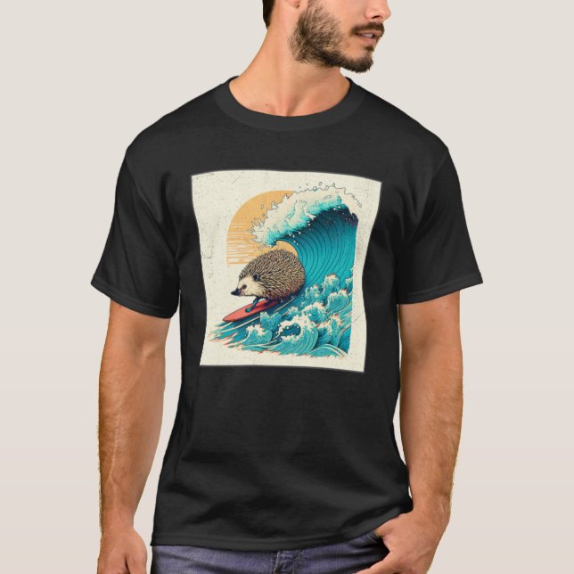 Cute Hedgehog Surfing Illustration Sea Great Wave  T-Shirt (Front)