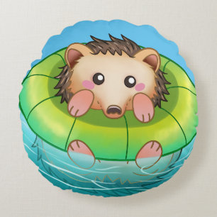 cute hedgehog swimming round cushion