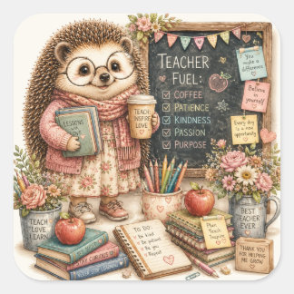 Cute Hedgehog Teacher Watercolor Art Square Sticker