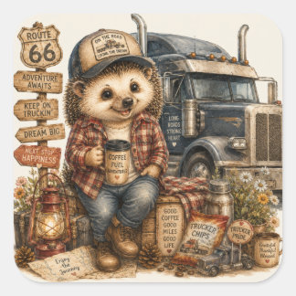 Cute Hedgehog Truck Driver Watercolor Art Square Sticker