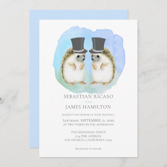 Cute Hedgehog Two Grooms Gay Couple Wedding Invitation (Front/Back)