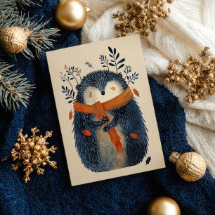 Cute Hedgehog Watercolor Woodland Animal Xmas Postcard