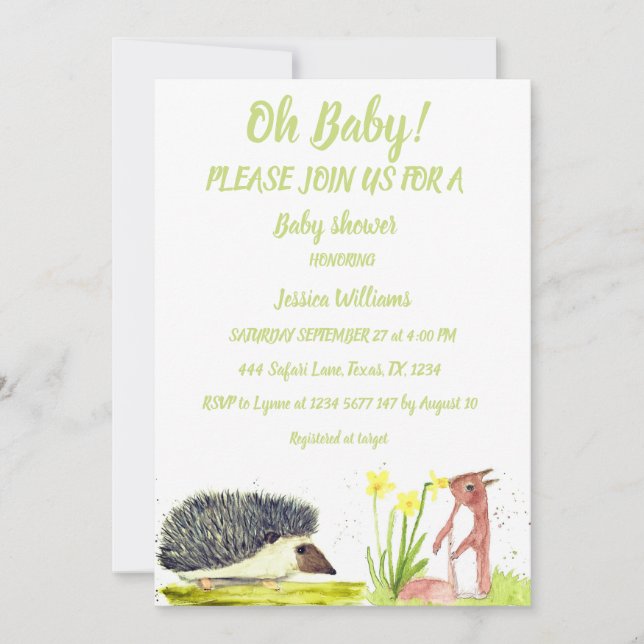 Cute Hedgehog Watercolor Woodland Animals Forest   Invitation (Front)
