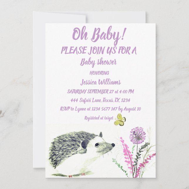 Cute Hedgehog Watercolor Woodland Animals Forest   Invitation (Front)
