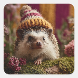 Cute Hedgehog Wearing a Knit Striped Winter Hat Square Sticker
