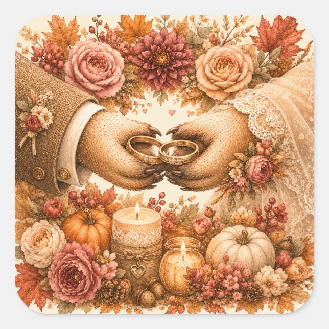 Cute Hedgehog Wedding Rings Fall Couple Square Sticker (Front)