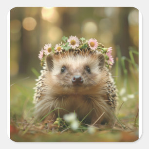 Cute hedgehog with a crown of flowers square sticker